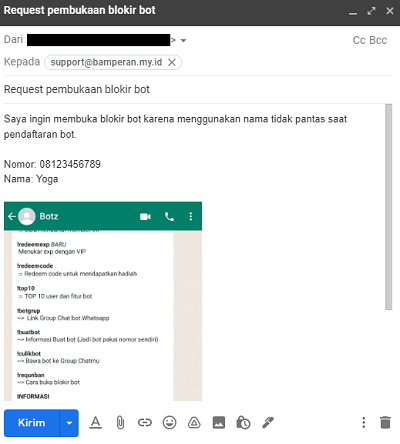 Contoh pengiriman email buka blokir telepon